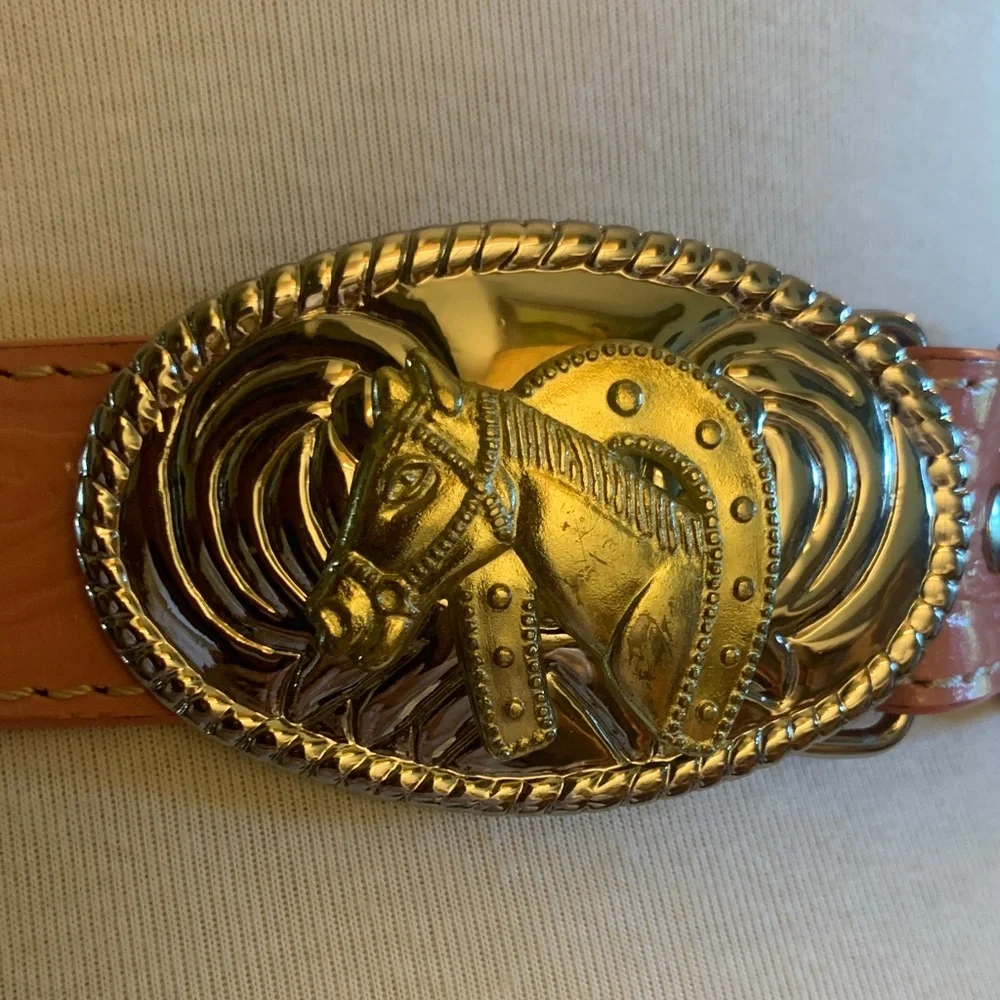 NOCONA PINK TOOLED LEATHER COWGIRL BELT WITH HORSE AND HORSESHOE BUCKLE